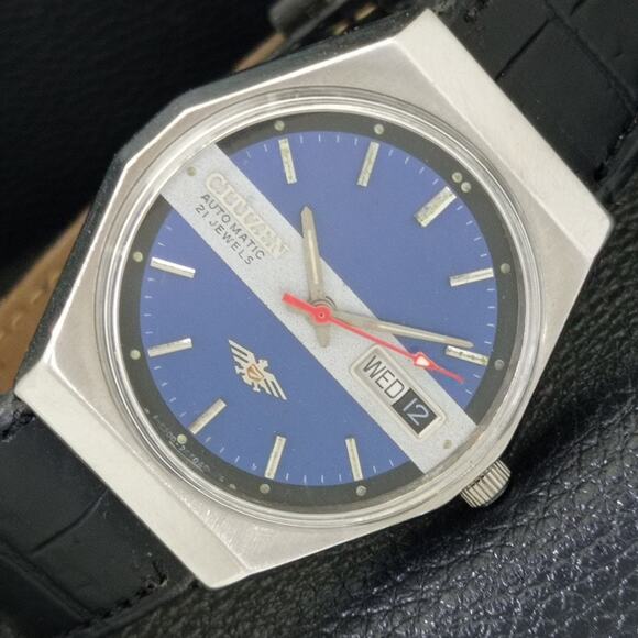 Vintage 1973 Citizen Automatic Mens Silver Watch W/daydate & Blue accents